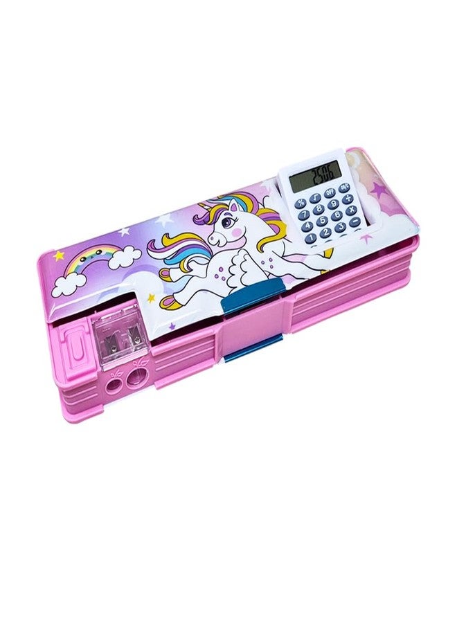 SIDAK Plastic Unicorn Printed Pencil Box With Calculator, Dual Sharpener, Pen & Pencil Holder, Magnetic Door Closure And Birthday Party Return Gift For Kids.Calculator Pencil Box,(Pink) - Image 1